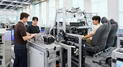 Engineer validates vehicle functions and electronic control systems using a full-scale wire-car test bench at NOVA Lab.