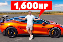 Man in white shirt posing with orange-red high-performance sports car featuring '1,600HP' text overlay