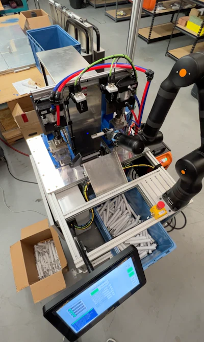 A Kassow Robots 7-axis cobot positions parts into custom presses and verifies quality through an integrated vision system before sorting parts into appropriate output totes.