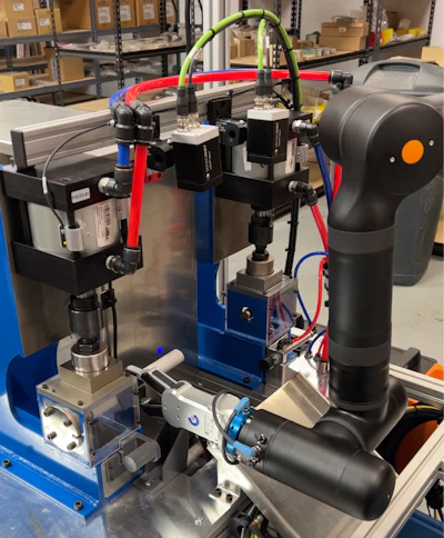 Integrator BlueBay Automation designed a fully integrated collaborative robotic cell for auto supplier O-Flex that automates machine tending for the punching process by feeding thermal sleeves.