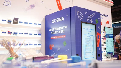 QOSINA interactive kiosk booth at trade show with prototype design interface and colorful product samples