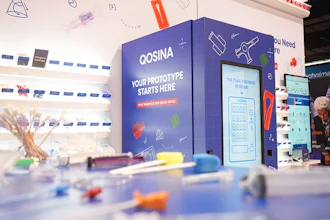QOSINA interactive kiosk booth at trade show with prototype design interface and colorful product samples