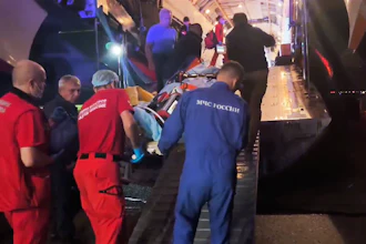 In this image made from video provided by Russian Emergency Situations Ministry press service, medical and rescue workers put those injured in a fire at the Amur Gas Chemical Complex on a plane to Moscow in Blagoveschensk, Amur region, Russia, Thursday, Aug. 27, 2026.