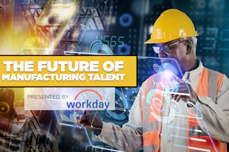 Manufacturing worker in safety gear with digital holographic interface and text 'The Future of Manufacturing Talent' presented by Workday