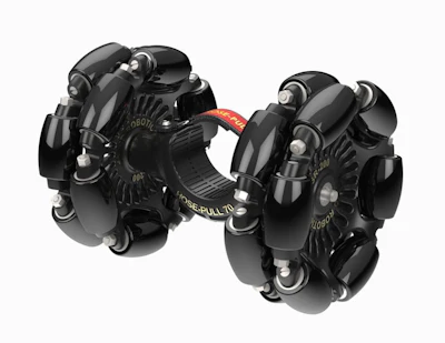 The Hose-Pull has omnidirectional wheels made of 12 overmolded olive-shaped wheels integrated into a polymer rim.