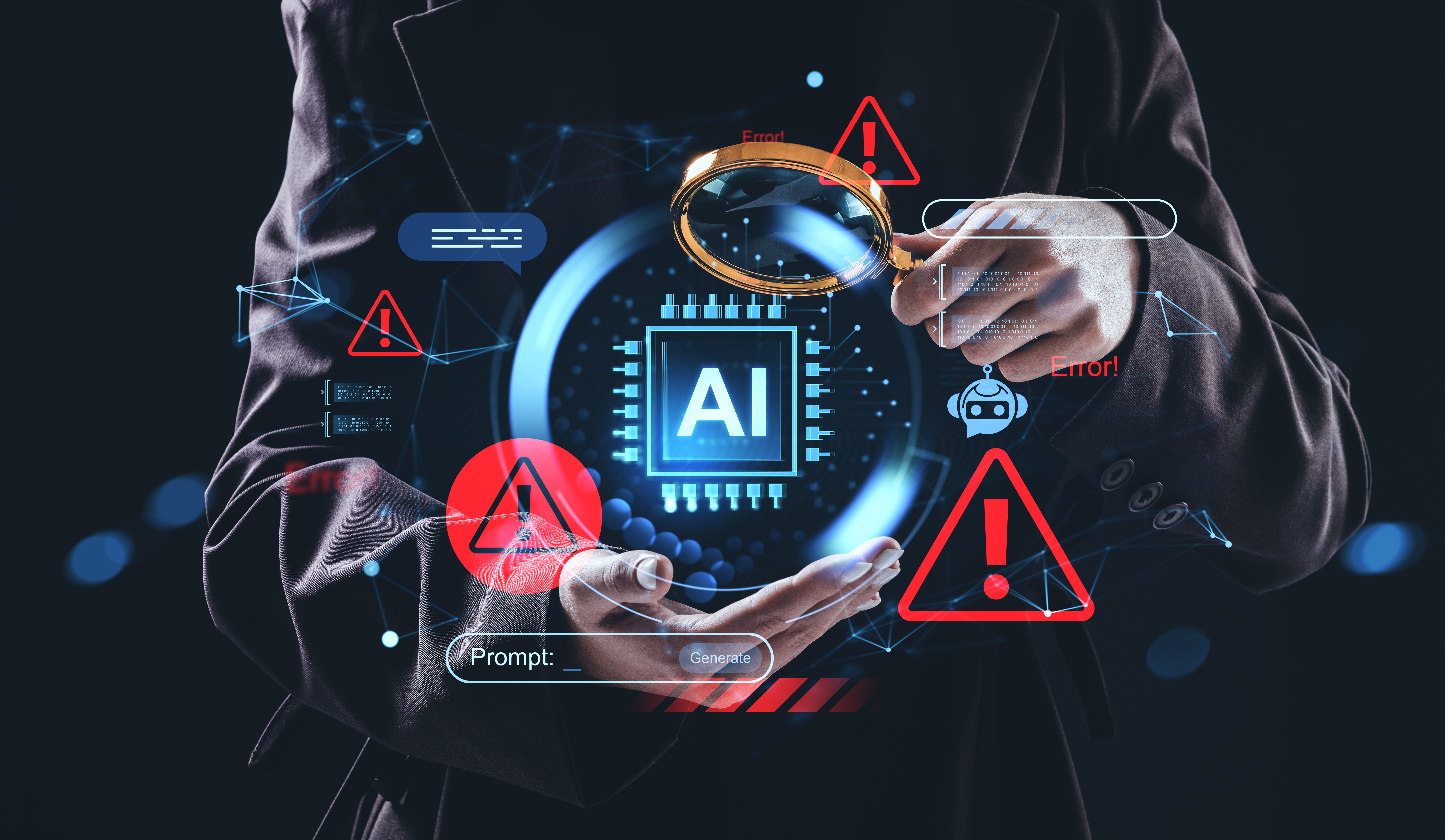 Person holding holographic AI chip with error warnings and technology interface elements
