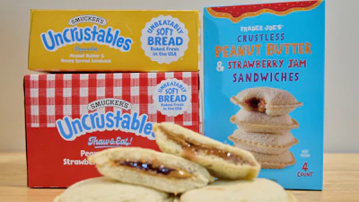 Crust-less sandwiches from Smucker's and Trader Joe's are displayed in Detroit, Oct. 15, 2025.