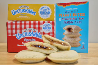 Crust-less sandwiches from Smucker's and Trader Joe's are displayed in Detroit, Oct. 15, 2025.