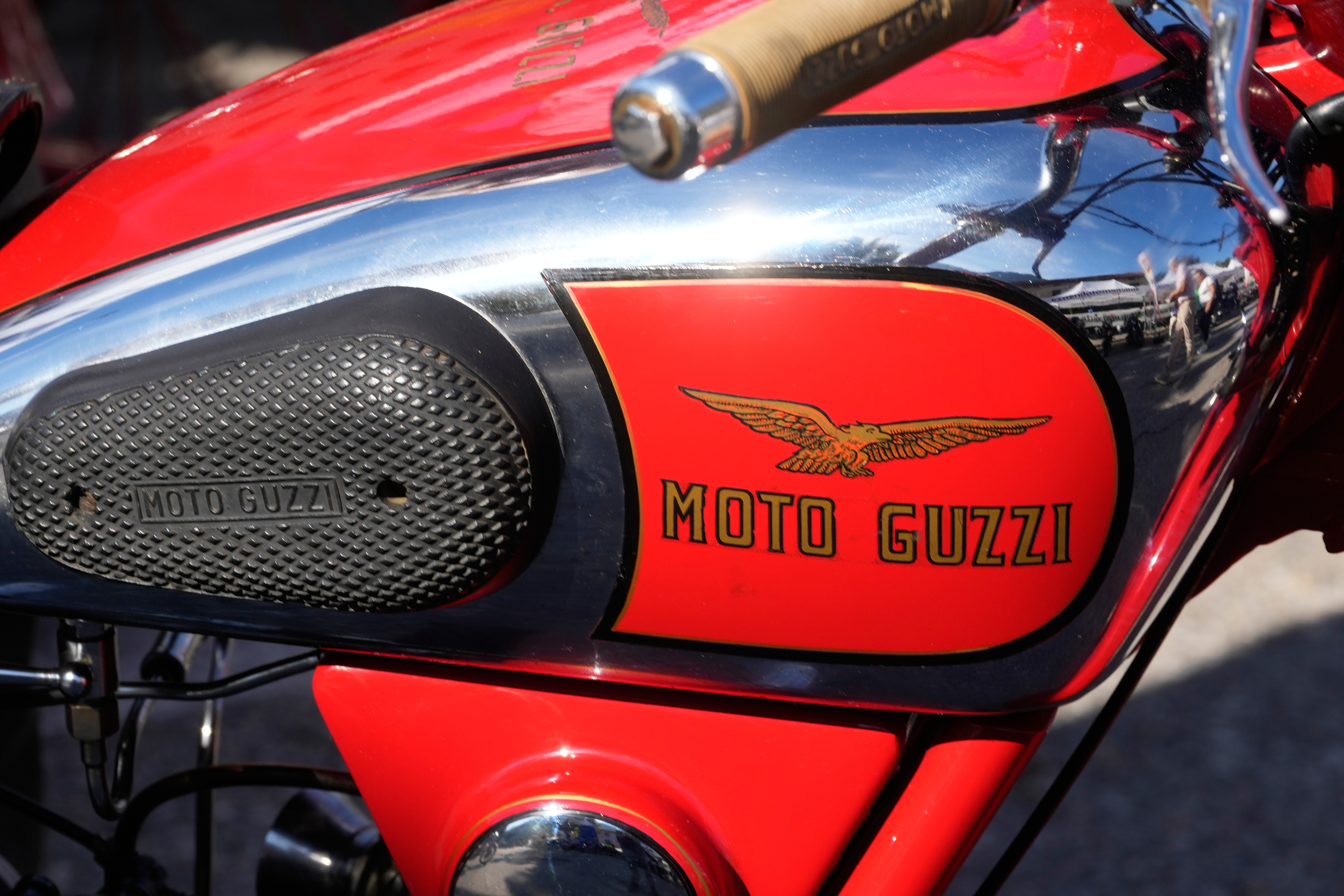 A vintage Moto Guzzi motorcycle is displayed during the Moto Guzzi opening inaugurating its completely redeveloped historic factory and new museum as the motorcycle maker celebrates its 105th anniversary, in Mandello del Lario, Thursday, Sept. 3, 2026.