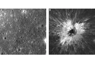 This combination of photos made by NASA's Lunar Reconnaissance Orbiter shows the same area on the surface of the moon before and after a newly-discovered crater in May 2024.
