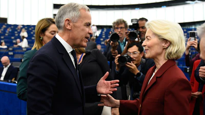 Canada Prime Minister Mark Carney speaks with European Commission President Ursula von der Leyen at the European Parliament in Strasbourg, France, Sept 17, 2026.