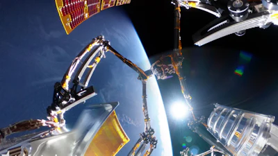 This undated image released by Katalyst Space Technologies on Friday, Sept. 25, 2026 shows Link, a three-armed robotic spacecraft, while in orbit around Earth.