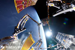 This undated image released by Katalyst Space Technologies on Friday, Sept. 25, 2026 shows Link, a three-armed robotic spacecraft, while in orbit around Earth.