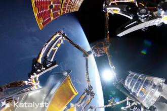This undated image released by Katalyst Space Technologies on Friday, Sept. 25, 2026 shows Link, a three-armed robotic spacecraft, while in orbit around Earth.