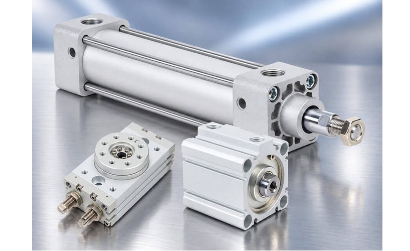 Industrial pneumatic cylinders and compact actuators with metal fittings displayed on reflective surface