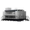 Industrial CNC machining center with gray housing, control panel, and black platform base