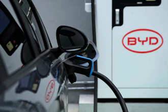 A BYD electric vehicle charges at a dealership in Camacari, Bahia state, Brazil, Friday, March 7, 2025.