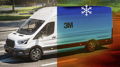 3M branded delivery van with split temperature-themed wrap showing winter and summer conditions