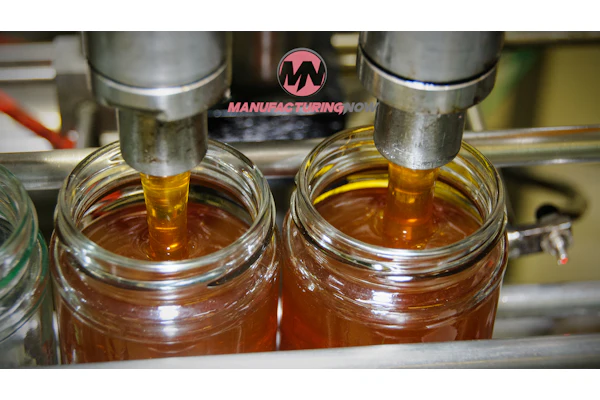 Industrial manufacturing equipment dispensing amber liquid into glass jars with Manufacturing Inc logo visible