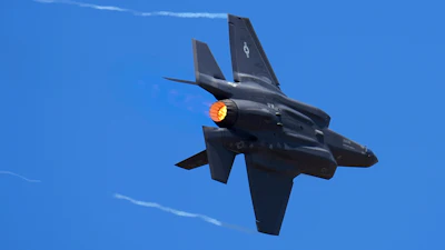 U.S. Air Force fighter aircraft F-35 performs aerobatic maneuvers on the second day of the Aero India 2023 at Yelahanka air base in Bengaluru, India, Feb. 14, 2023.