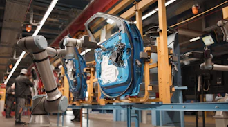 Robotic arms assembling blue car door on factory assembly line