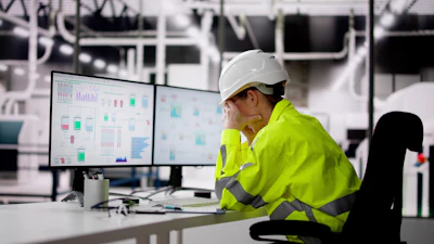 Construction worker in safety gear analyzing data charts on computer monitor in industrial facility