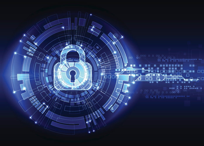 Glowing digital padlock surrounded by concentric blue circles and data streams representing cybersecurity and encryption technology