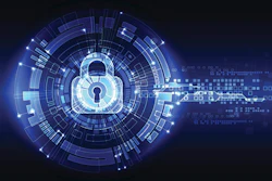 Glowing digital padlock surrounded by concentric blue circles and data streams representing cybersecurity and encryption technology