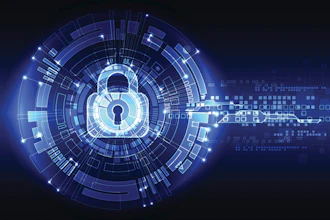 Glowing digital padlock surrounded by concentric blue circles and data streams representing cybersecurity and encryption technology