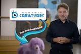 Screenshot of Dynamic Creatures co-founder and CEO Marc Theermann alongside a fluffy purple robot dog.