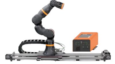Collaborative robotic arm with orange control unit on linear rail system for industrial automation