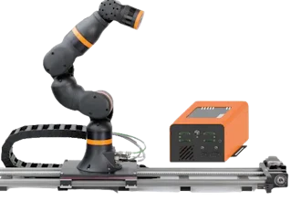 Collaborative robotic arm with orange control unit on linear rail system for industrial automation