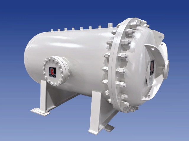 White industrial pressure vessel with bolted end caps and mounting brackets against blue background