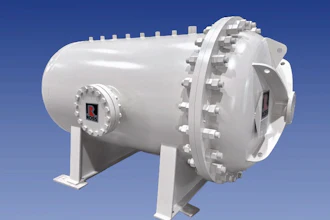 White industrial pressure vessel with bolted end caps and mounting brackets against blue background