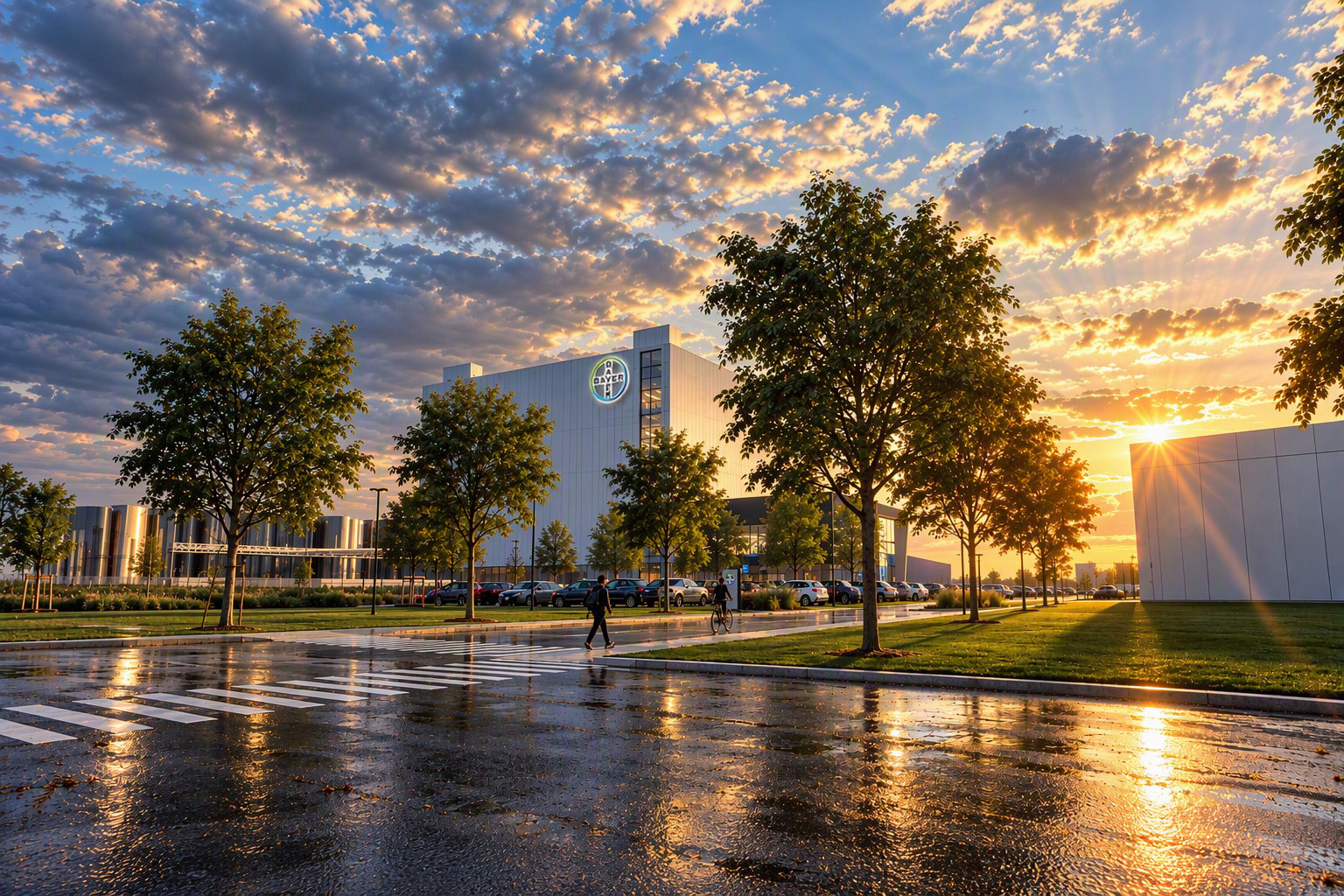 Modern corporate campus at sunset with wet pavement, trees, and contemporary buildings under dramatic golden sky