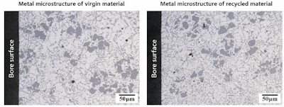 Comparative microscopy analysis of virgin and recycled metal microstructure at bore surface with 50-micrometer scale reference