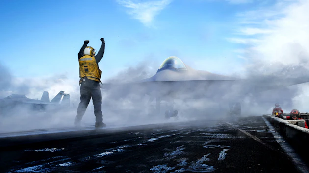 Person in yellow vest stands triumphantly on volcanic landscape with UFO and spacecraft visible in cloudy sky