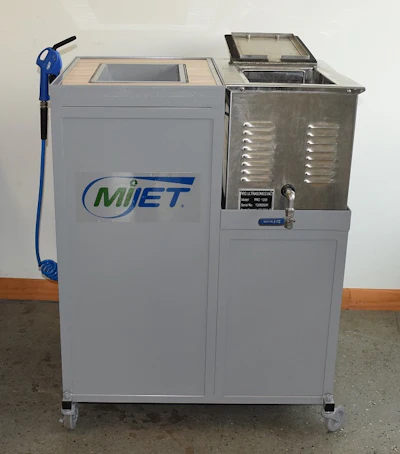 MIJET ultrasonic cleaning system with stainless steel tank and blue hose attachment