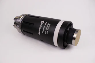 Black cylindrical thermal imaging camera with white text and metallic end caps