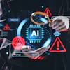 Person holding digital AI chip interface with warning alerts and error monitoring symbols on dark background