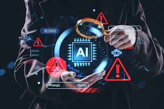 Person holding digital AI chip interface with warning alerts and error monitoring symbols on dark background