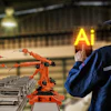 Industrial worker in blue uniform monitoring orange robotic arms on factory assembly line with AI symbol glowing in background