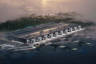 Architectural rendering of a modern waterfront facility with numbered bays overlooking misty landscape and water