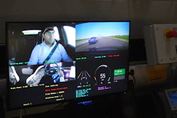Multi-camera dashcam display showing driver, road view, and vehicle telemetry data with speed and performance metrics