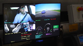 Multi-camera dashcam display showing driver, road view, and vehicle telemetry data with speed and performance metrics