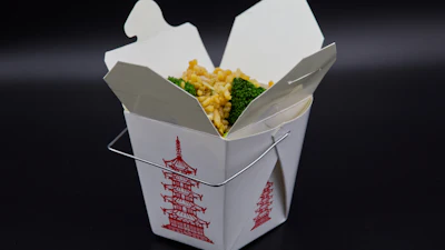 A Chinese takeout container with fried rice inside is photographed in Phoenix, May 12, 2026.