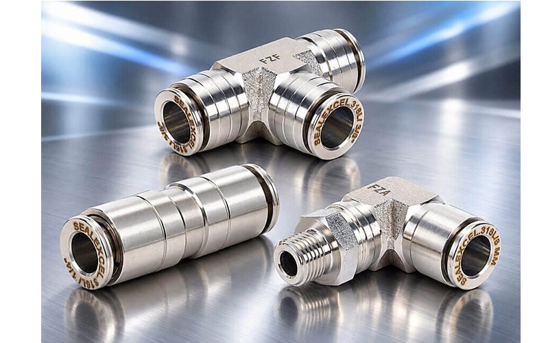 Stainless steel pneumatic push-to-connect fittings and tube connectors with brass accents on reflective surface