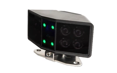 Black vehicle-mounted camera system with green LED indicators and adjustable bracket