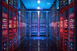 Modern data center server room with red cabinets, neon signage, and blue ambient lighting
