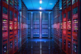 Modern data center server room with red cabinets, neon signage, and blue ambient lighting